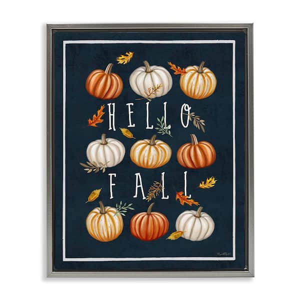 Stupell Industries Hello Fall Mixed Pumpkins by Elizabeth Tyndall Gray Floater Frame Graphic Typography Art Print 21 in. x 17 in.