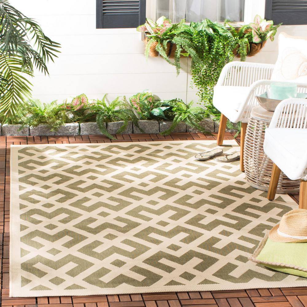 Green and Bone Geometric Synthetic Outdoor Area Rug
