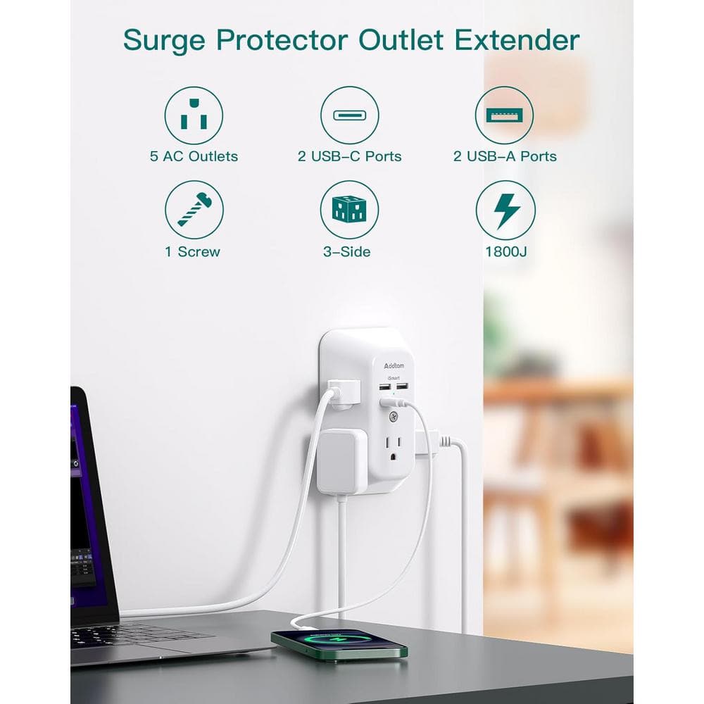 White 9-Outlet Wall Surge Protector with 4 USB Ports
