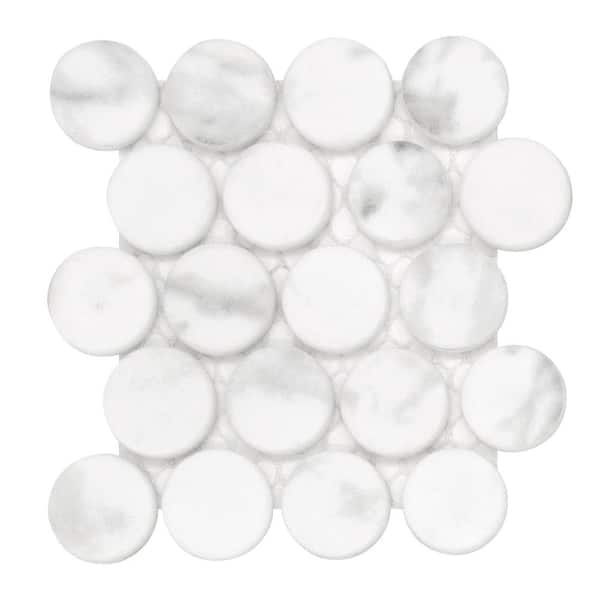 sunwings Penny Round White 6 in. x 6 in. x 0.4 in. Recycled Glass Marble Looks Floor and Wall Mosaic Tile (1-Pack, 0.25 sq. ft.)