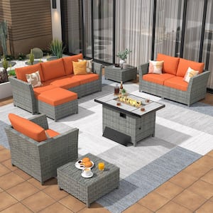 Yosemite Gray 10-Piece Wicker Outerdoor Patio Rectangular Fire Pit Set with Orange Red Cushions
