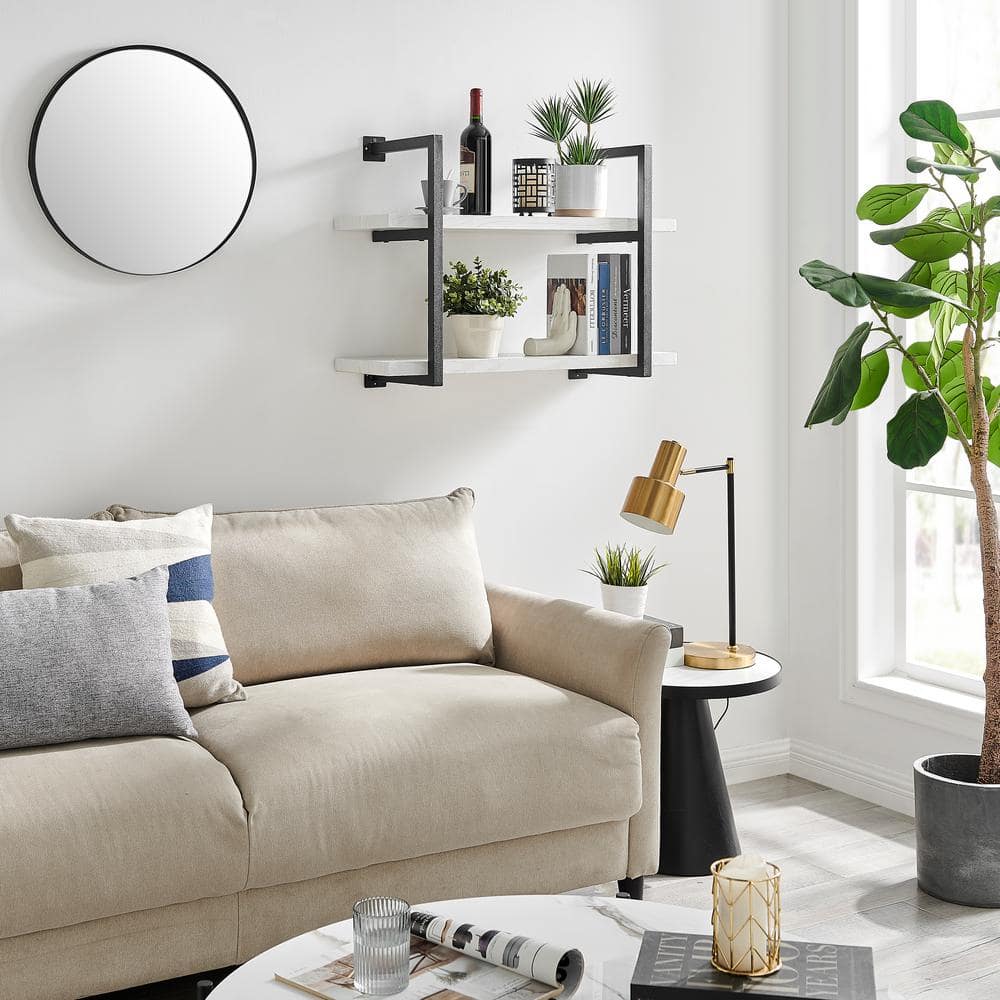 White Birch and Black Iron 2-Tier Floating Wall Shelf