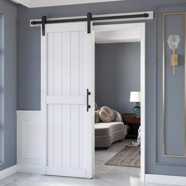 32 in. x 84 in. White Paneled H Shape Solid MDF Sliding Barn Door with Hardware Kit