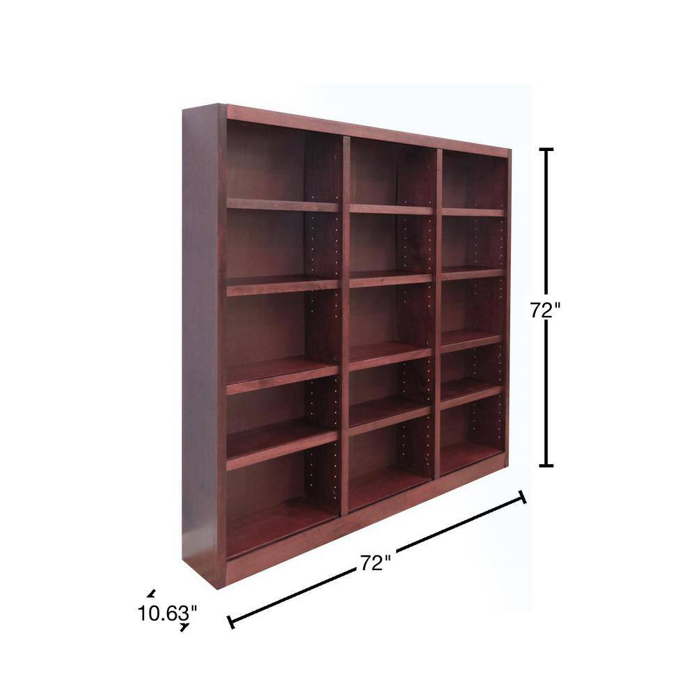 Cherry Finish Triple Wide Adjustable Wood Bookcase, 72 Inch
