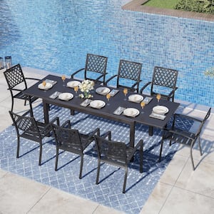 9-Piece Metal Outdoor Dining Set with Extensible Rectangular Table and Stackable Chairs