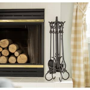 Black Wrought Iron 5-Piece Fireplace Tool Set with Crook Handles