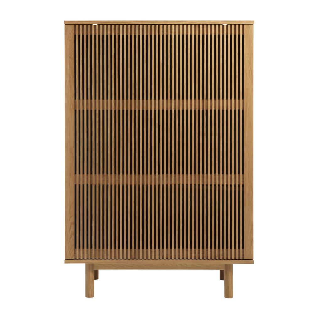 Natural Oak Wood 55 in. H Storage Cabinet with Slatted Doors