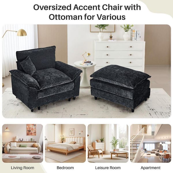 WONDER COMFORT Oversized Black Chenille Soft Single Sofa Arm Chair
