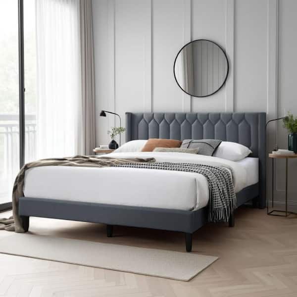 Jeo Charcoal Gray and Black Wood Frame Queen Size Panel Bed with Geometric Stitched