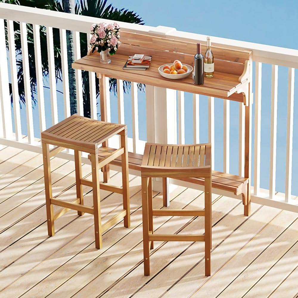 Acacia Wood 3-Piece Balcony Bar Table Set with Footrest