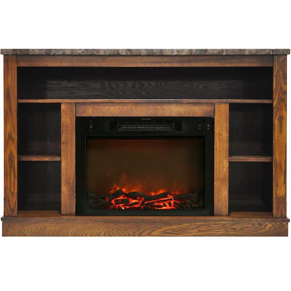 Cambridge 47 in. Electric Fireplace with 1500-Watt Charred Log Insert and A/V Storage Mantel in Walnut