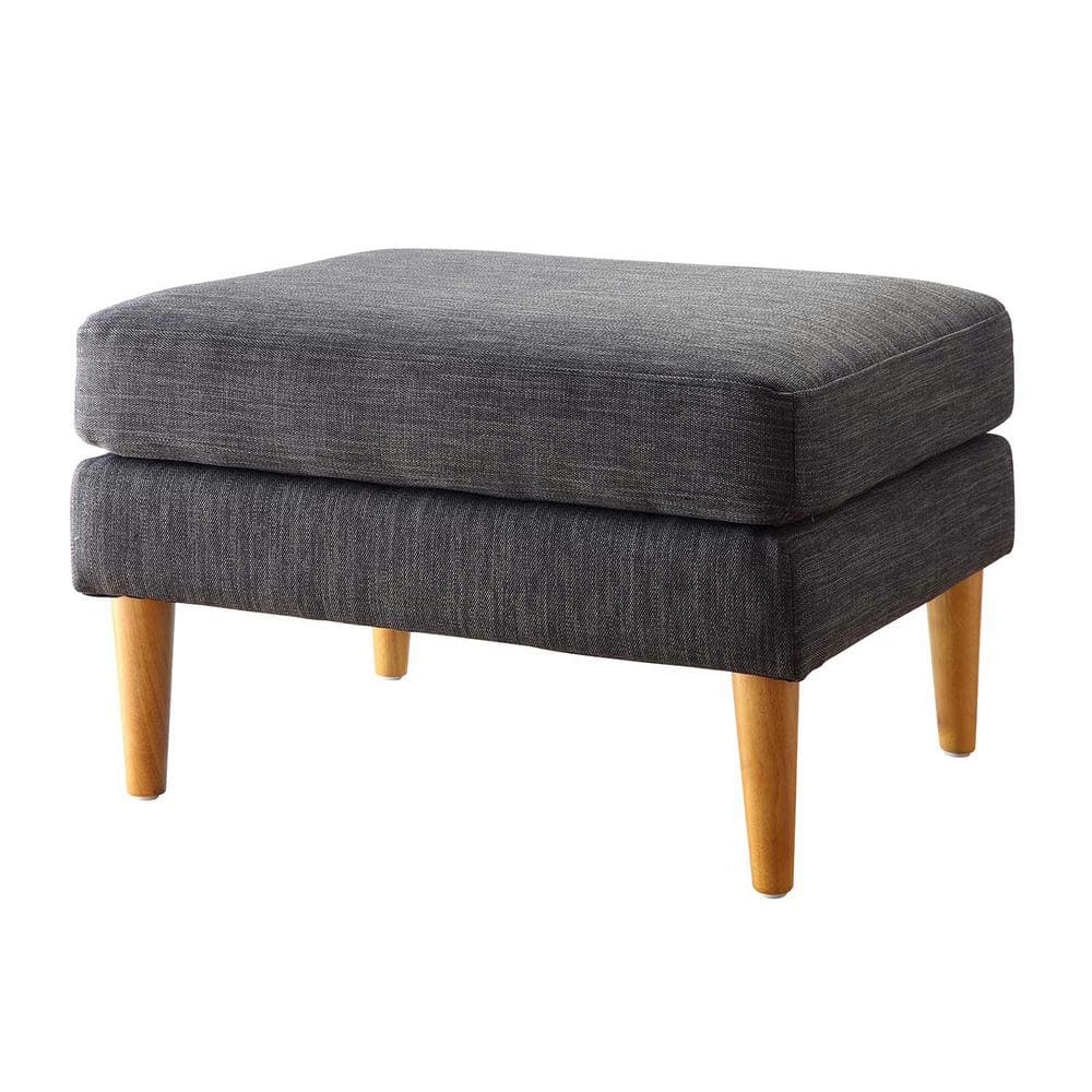 Gray Round Mid Century Ottoman with Solid Wood Legs