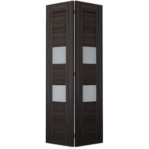 Dessa 36 in. x 79.375 in. Frosted Glass Solid Composite Core 2-Lite Gray Oak Finished Wood Bifold Door with Hardware