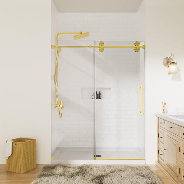mortix 60 in. W x 72 in. H Single Sliding Frameless Shower Door in Brushed Gold with 5/16 in. Tempered Clear Glass