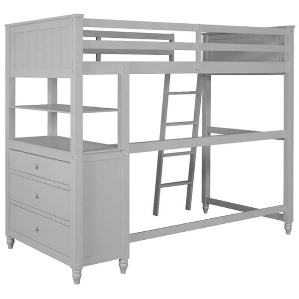 Angel Sar Gray Twin size Loft Bed with Desk, Three Drawers and One Shelf, Convertible Ladder
