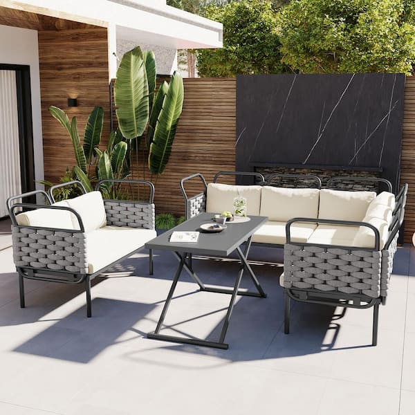 Harper & Bright Designs 5-Piece Modern Gray Metal Outdoor Sectional Set with Woven Rope and Beige Cushions