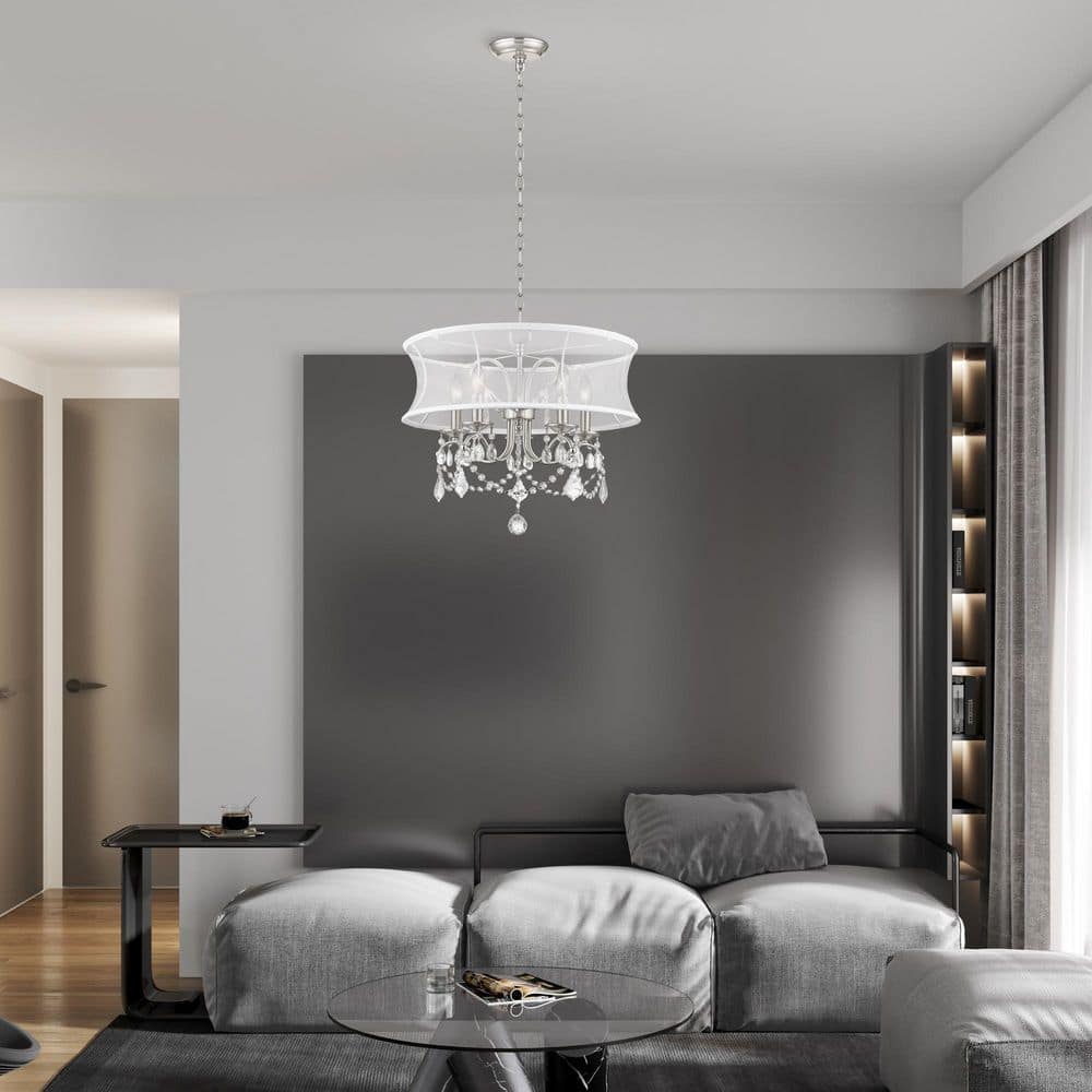 Newcastle Brushed Nickel 5-Light Chandelier with Crystal Drops and Silk Shade