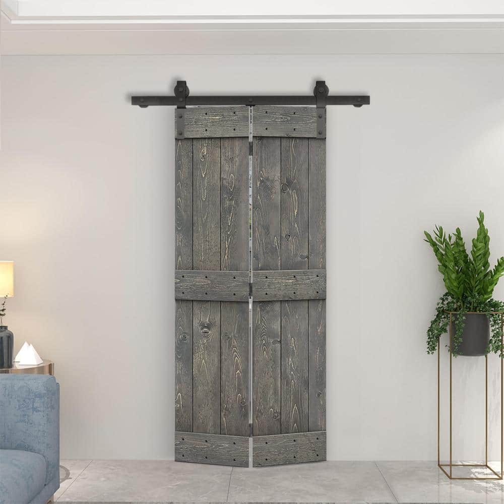 Weather Gray Stained Solid Pine Wood Bi-Fold Barn Door with Hardware Kit