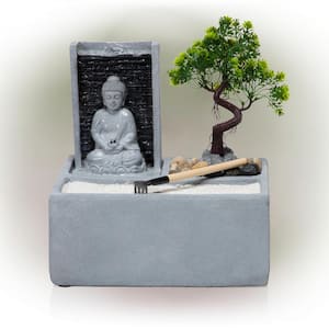 13 in. Tall Buddha Zen Garden Tabletop Waterfall Fountain with LED Light, Gray