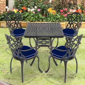 5-Piece Black Cast Aluminum Outdoor Dining Set, Patio Furniture with 30.71 in. Square Table and Random Color Cushions