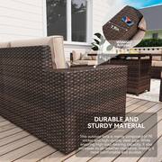 10-Piece Outdoor Rattan Wicker Patio Conversation with Fire Pit Table Swivel Chairs Beige Cushions