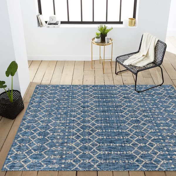 5' x 7' Blue and Gray Moroccan Indoor Outdoor Area Rug 5' x 7' Blue and Gray Moroccan Indoor Outdoor Area Rug