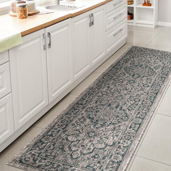 JONATHAN Y Gray/Teal 2 ft. x 8 ft. Rozetta Boho Medallion Textured Weave Indoor/Outdoor Runner Rug