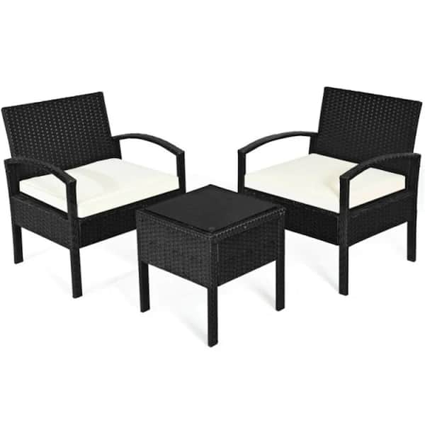 ITOPFOX 3-Pieces Wicker Patio Conversation Set Outdoor PE Rattan Furniture, Tempered Glass Table with White Seat Cushions
