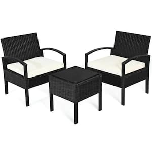 3-Pieces Wicker Patio Conversation Set Outdoor PE Rattan Furniture, Tempered Glass Table with White Seat Cushions