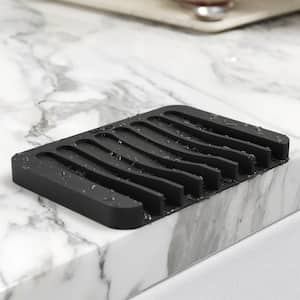 Self-Draining Silicone Dish Drying Mat and Silicone Soap Dish Holder for Bathroom or Kitchen Counter in Black