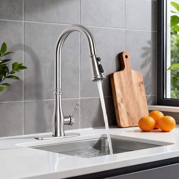 Akicon Brushed Nickel 18.19 in. H Single-Handle Pull-Down Sprayer Kitchen Faucet with 360° Spout Swivel