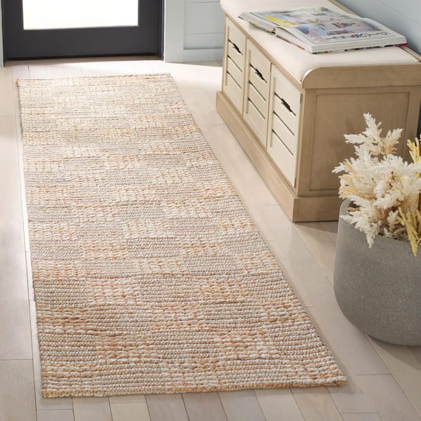 Natural Fiber 2 ft. x 8 ft. Natural/Ivory Distressed Grid Runner Rug