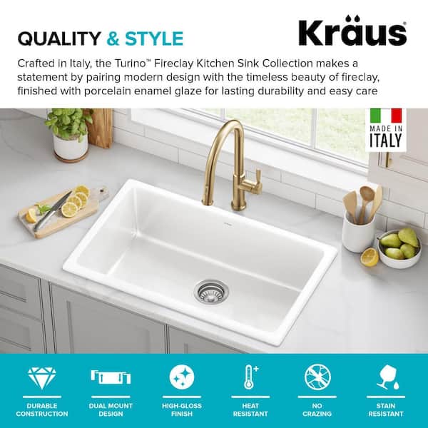 Turino White Fireclay 29.88 in. Single Bowl Drop-In/Undermount Kitchen Sink