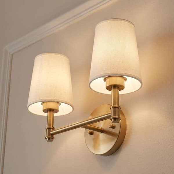 15 in. W x 9.5 in. H 2-Light Natural Brass Bathroom Vanity Light with White Linen Fabric Shades