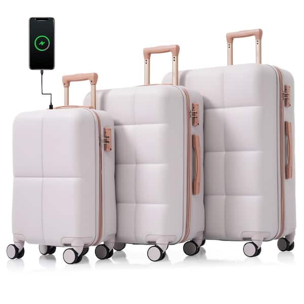 3-Piece Light Gray 20 in. x 24 in. x 28 in. ABS Hardshell Spinner Expandable Luggage Set with USB Port Cup Holder, Hooks