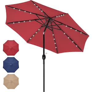 Red 9 ft. Solar Umbrella 32 LED Lighted Patio Umbrella Table Market Umbrella with Push Button Tilt/Crank for Garden