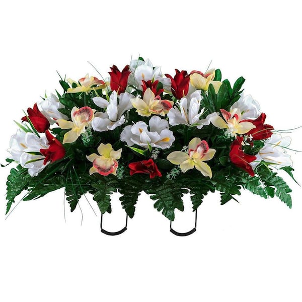 15in. Red White Outdoor Artificial Tulips Flowers, Outdoor Grave Decorations.