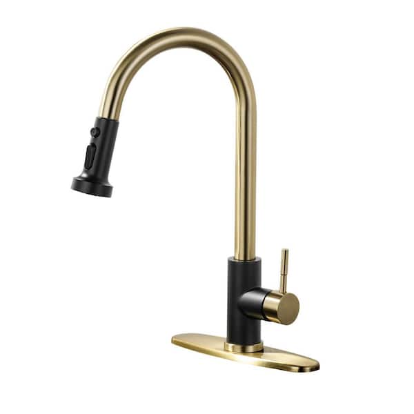 ALEASHA Single Handle Pull Down Sprayer Kitchen Sink Faucet in Matte Black and Brushed Gold