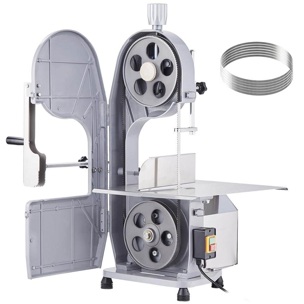 Commercial Electric Meat Bandsaw, 1100W Stainless Steel, cuts 0.16-7.9 inches thick, includes 6 blades, in Silver