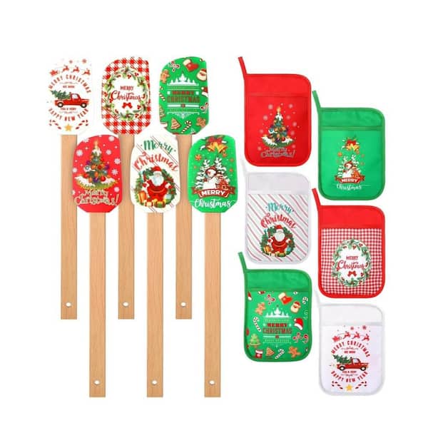 12-Piece Christmas Silicone Spatulas Pot Holders Set, Heat Resistant Pot Holders with Pocket Baking Gifts for Party