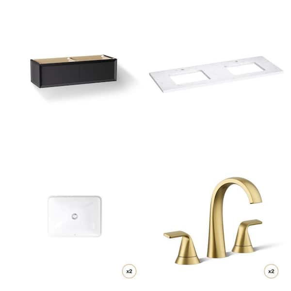 61 in. Black Vanity Cabinet, Silestone Quartz Top, 20-1/2 in. White Sink (2-Count) and Brass Faucet (2-Count) Combo