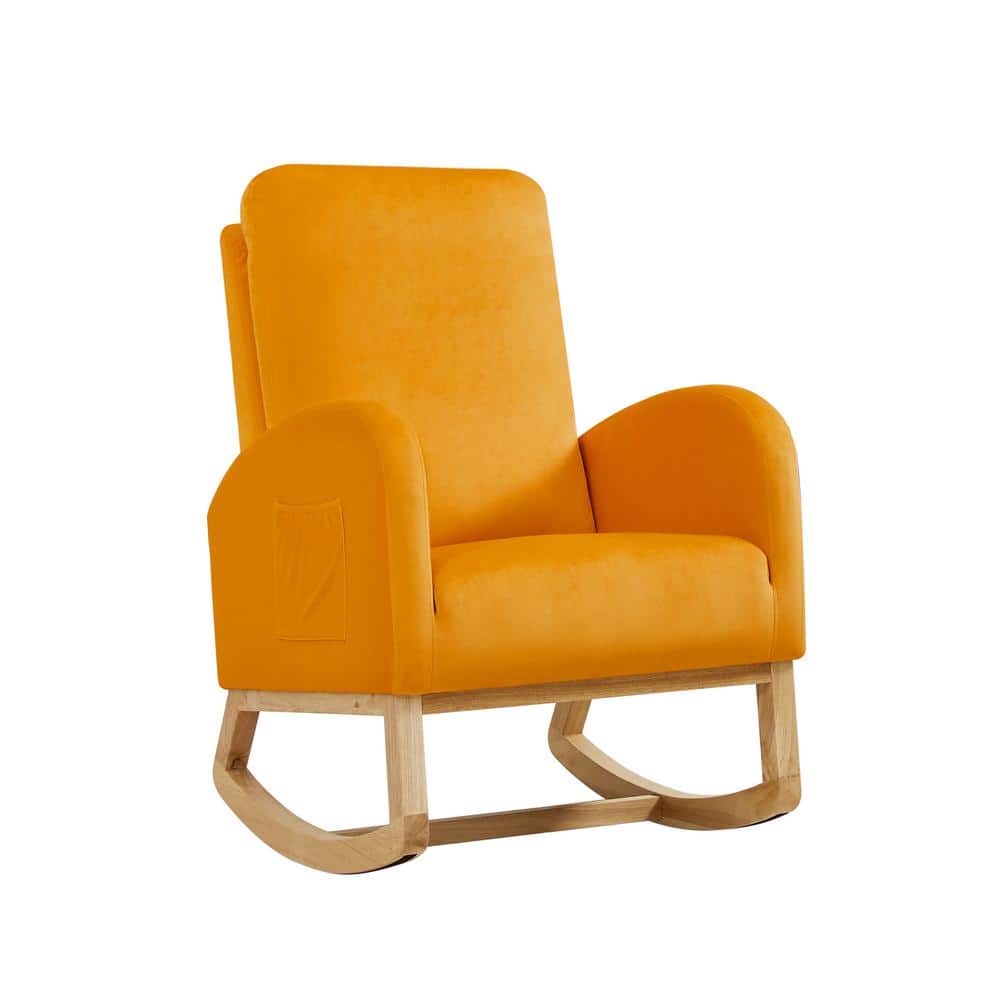 Orange Velvet Upholstered Rocking Chair for Nursery High Back Accent Glider Rocker Armchair with Side Pocket & Wood Leg