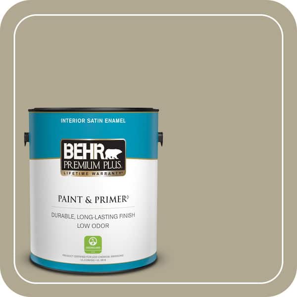 BEHR PREMIUM PLUS 1 gal. #BXC-22 Field Khaki Satin Enamel Low Odor Interior Paint & Primer
