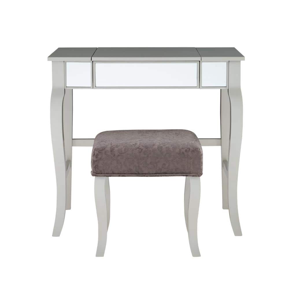 Harper Glam Silver Vanity Set with Flip-up Mirror and Gray Velvet Stool