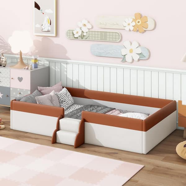 Harper & Bright Designs Brown and White Wood Frame Twin Size Upholstered Platform Bed with Fence and Stairs