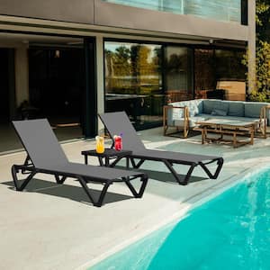 3-Piece Gray Aluminum Adjustable Outdoor Chaise Lounge with Side Table