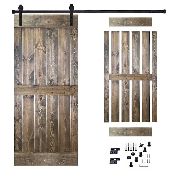 Akicon 36 in. x 84 in. Dark Brown Painted Wood Sliding Door with Hardware Kit, Pre-Drilled Ready to Assemble