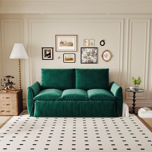 Modern 70.9 in. W Green Velvet Twin Size Convertible Sofa Bed with Foldable Pillow, 3-Seat Multi-Functional Sofa