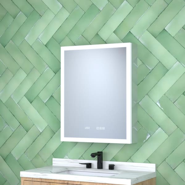 24 in. W x 30 in. H Silver Rectangular Aluminum Dimmable LED Light Recessed/Surface Medicine Cabinet with Mirror