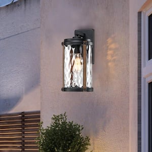 13.9 in. H 1-Light Matte Black Hardwired Outdoor Wall Lantern Sconce with and Barnwood accents